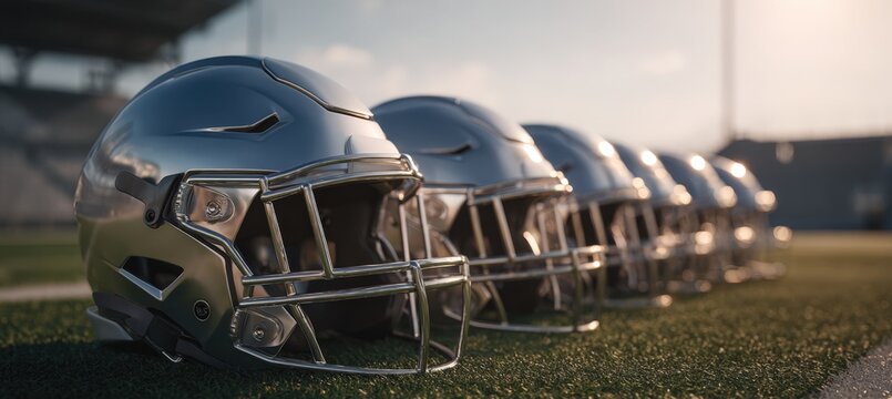 Row of American Football Helmets on Turf with Cinematic Shadows and Reflections - Powered by Adobe