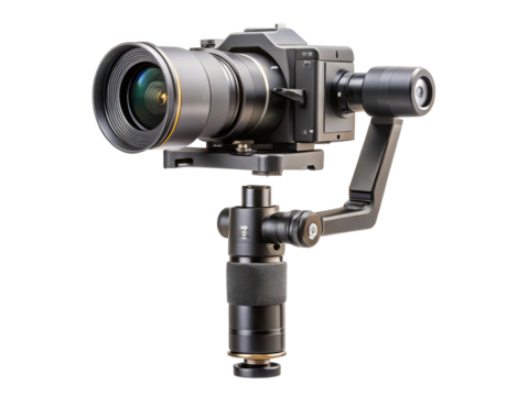 Professional digital camera mounted on a gimbal stabilizer for smooth cinematic video recording isolated on transparent background