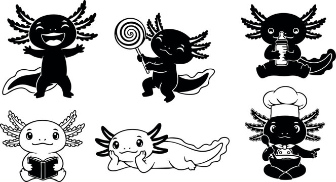 Cartoon axolotl character set with cute expressions and poses vector illustration