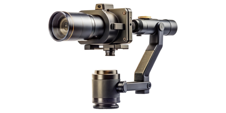 Close up of a professional camera gimbal stabilizer with metallic finish isolated on transparent background