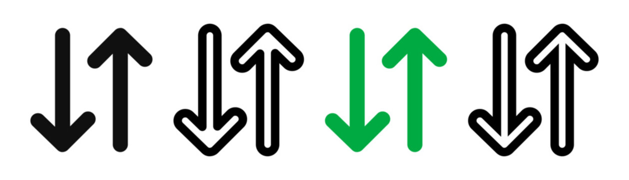 Up and down sign with green and black arrows in flat style showing movement direction and sales change. Vector illustration of a sales bar chart icon used as an elevator symbol or universal pictogram