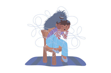 Mindset wellbeing concept with cartoon people for web design. Unhappy boy with chaotic thoughts suffering from inner monster mascot in negative emotion, panic attack or anxiety. Vector illustration.