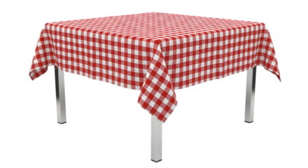 Red and white checkered tablecloth on a square table, isolated on transparent background