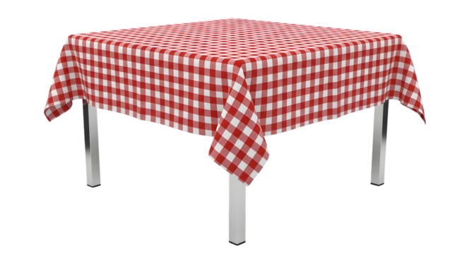 Red and white checkered tablecloth on a square table, isolated on transparent background