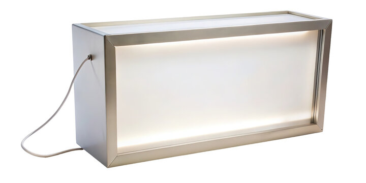 Illuminated light box display with white surface and metal frame isolated on transparent background