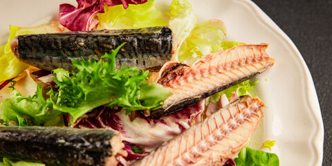 Mackerel salad canned fish, lettuce leaves tasty snack fresh delicious gourmet food table setting...