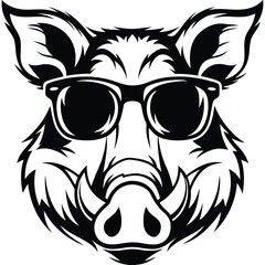 Stylized boar head wearing sunglasses presented in a monochrome black and white artistic rendering