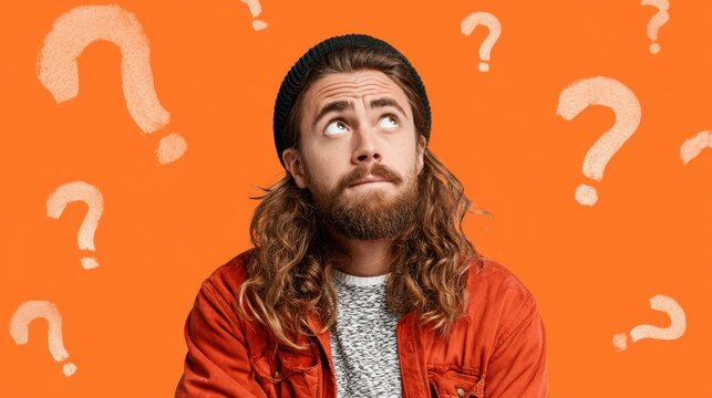 A young man with long curly hair and a beard wears a red jacket and a beanie. He looks upward with a puzzled expression surrounded by question marks on an orange background. - Powered by Adobe
