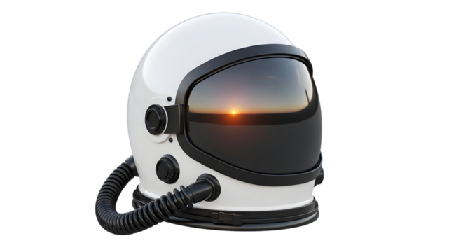 White astronaut helmet with a sunset reflection on visor, isolated on transparent background