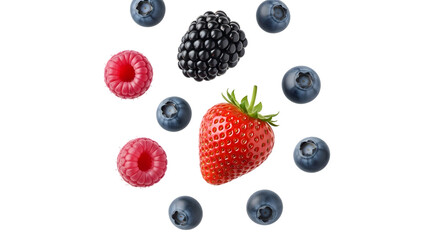 Strawberry, blueberries, raspberries, and blackberry on transparent background
