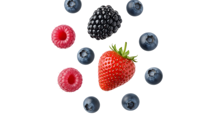Strawberry, blueberries, raspberries, and blackberry on transparent background