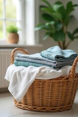 Obraz premium Neatly folded laundry, fresh from the dryer, sits in a wicker basket Soft towels, shirts, and pants are organized and ready for use A calming image of domestic organization , linen, serenity