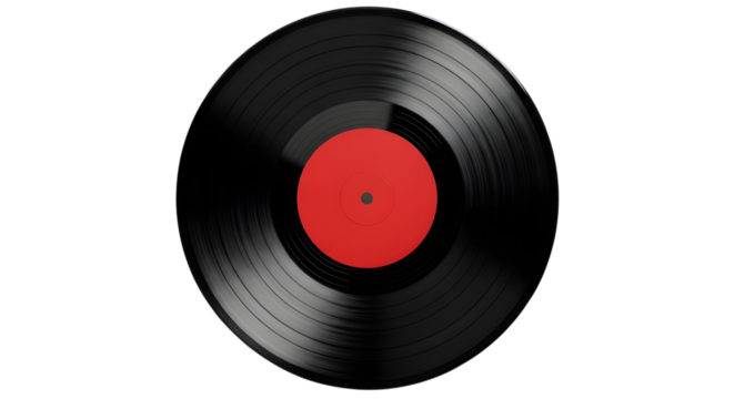Black vinyl record with a vibrant red label, isolated on transparent background