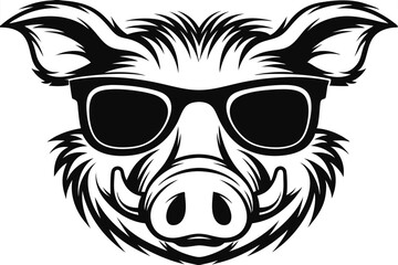 Stylized monochrome boar head proudly sports sunglasses on the white canvas perfectly and precisely