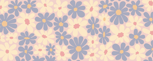 Fototapeta premium Abstract daisy groovy background with pastel blue and cream flowers on pink backdrop. Retro floral vector perfect for fabric, wallpaper, wrapping paper, and cheerful design projects