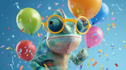 A chameleon holds vibrant balloons while wearing fun yellow glasses surrounded by colorful confetti. The lively scene captures a joyful celebration mood.