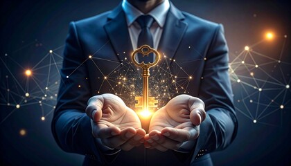 Business professional holding a glowing key, symbol of success, innovation, and network