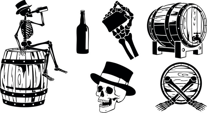 Skeleton drinking beer sitting on barrel with bottle skull in top hat beer keg and barrel with crossed spoons vector illustration