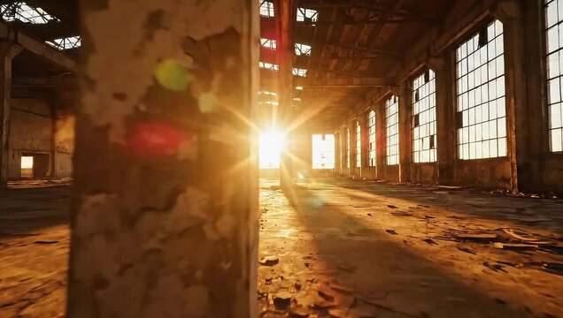Bright sunlight streams through large windows into an empty industrial warehouse or loft space, casting long shadows on a rustic wooden floor.
