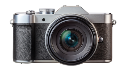 Close up of a vintage style digital camera with a large lens isolated on transparent background