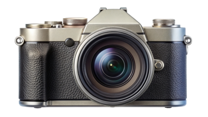 Vintage silver and black film camera with large lens isolated on transparent background