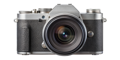 Retro styled digital camera with a large lens and textured body isolated on transparent background