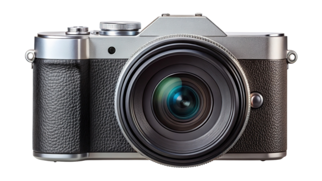 Close up of a vintage style digital camera with a large lens isolated on transparent background