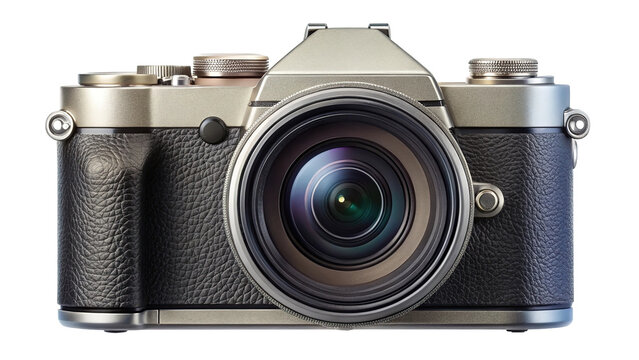 Vintage silver and black film camera with large lens isolated on transparent background
