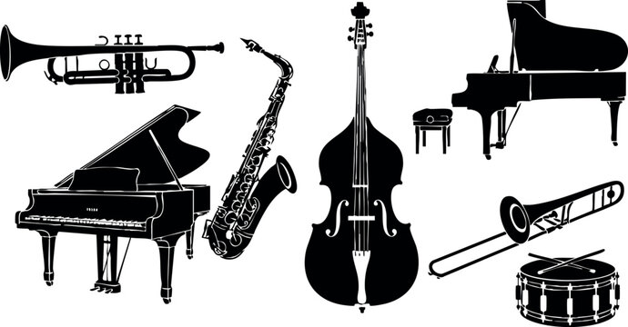 Collection of classic musical instruments trumpet saxophone piano double bass flute snare drum vector illustration