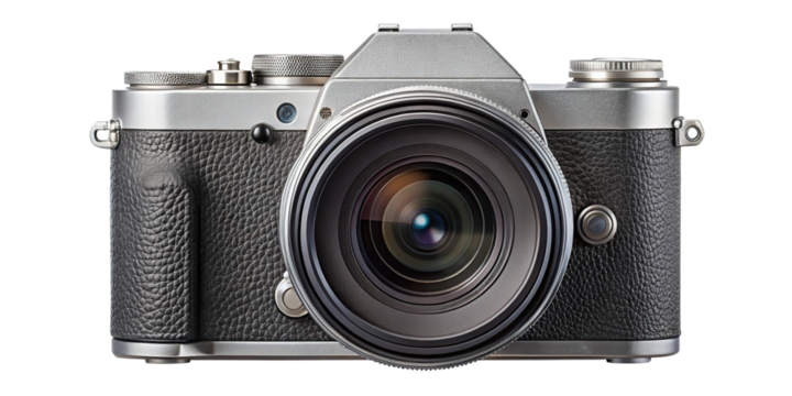 Retro styled digital camera with a large lens and textured body isolated on transparent background - Powered by Adobe