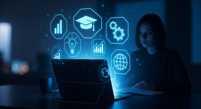 Futuro da Educa&ccedil;&atilde;o: Interface hologr&aacute;fica brilhante de e-learning saindo da tela do computador em ambiente high-tech