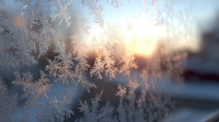 A frosty window glass with soft blurred light outside