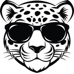 Monochrome leopard with black spots and sunglasses presents a bold, stylish, and fierce attitude