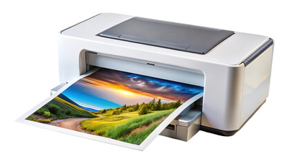 A modern white inkjet printer is actively printing a vibrant landscape photograph isolated on transparent background