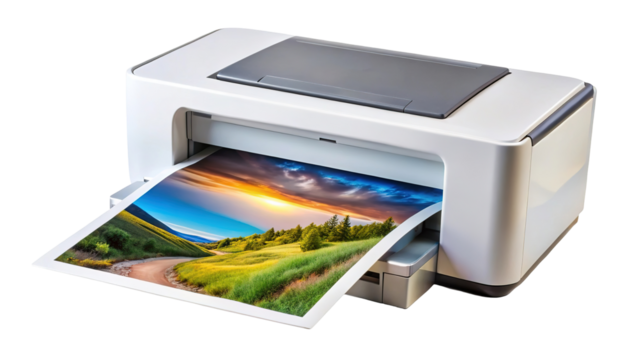 A modern white inkjet printer is actively printing a vibrant landscape photograph isolated on transparent background