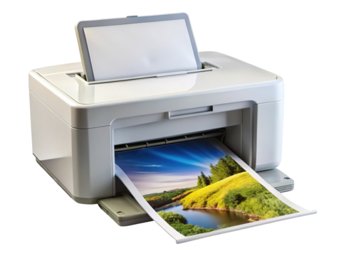 Compact white inkjet printer with a landscape photo emerging from the output tray isolated on transparent background