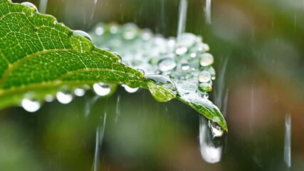 Close up of raindrops falling on a vibrant green leaf during a gentle rain shower. - Powered by Adobe