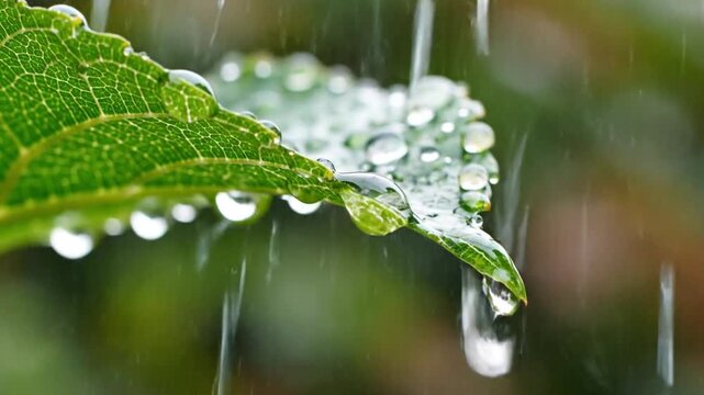 Close up of raindrops falling on a vibrant green leaf during a gentle rain shower.