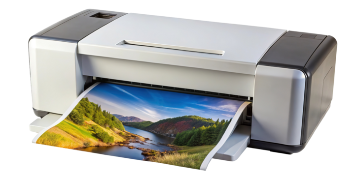 Modern inkjet printer producing a vibrant landscape photograph on paper isolated on transparent background