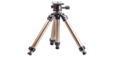 Professional photography tripod with adjustable legs and panning head isolated on transparent background