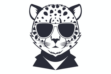 Stylized leopard head in black and white wears cool sunglasses and a jacket in vector