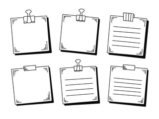 Illustration of six square memo notes with binder clips style