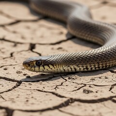 Fototapeta premium Snake on Cracked Earth - A Close-Up View of Wildlife in Arid Landscape.
