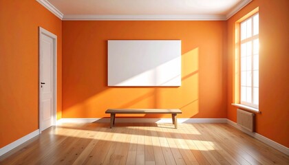 Sunlit interior space with orange walls, wooden floor, bench, and a blank canvas