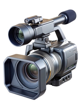 Professional video camera with lens and microphone on a black surface isolated on transparent background