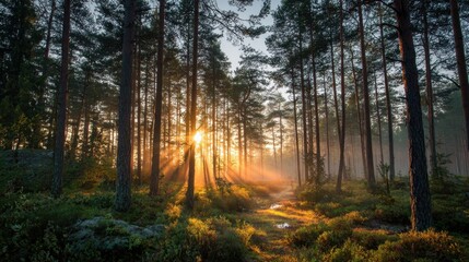 Naklejka premium Soft sunlight breaks through tall pine trees in the early morning illuminating a misty forest scene. The ground is lush with ferns and shrubs enhancing the tranquil beauty of nature.