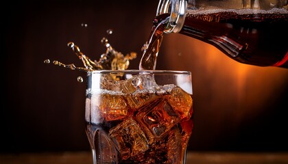 a close up shot captures a cola drink being poured against a dark backdrop