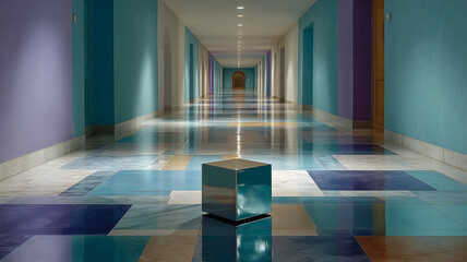 Long Futuristic Hallway with Chrome Cube and Blue-Purple Walls
