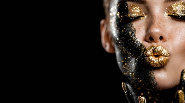 Pearl Dust Blowing Kiss From Elegant Lips Against a Luxury Black and Gold Background With a Large Branding Blank Space