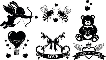 Fototapeta premium Valentine themed black silhouettes cupid bees teddy bear hot air balloon keys love hearts vector illustration